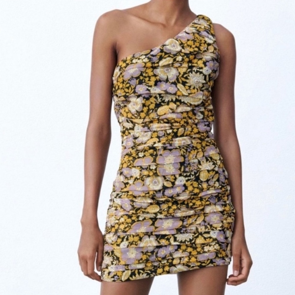 NWT Zara One Shoulder Floral Ruched Gathered Mini Dress